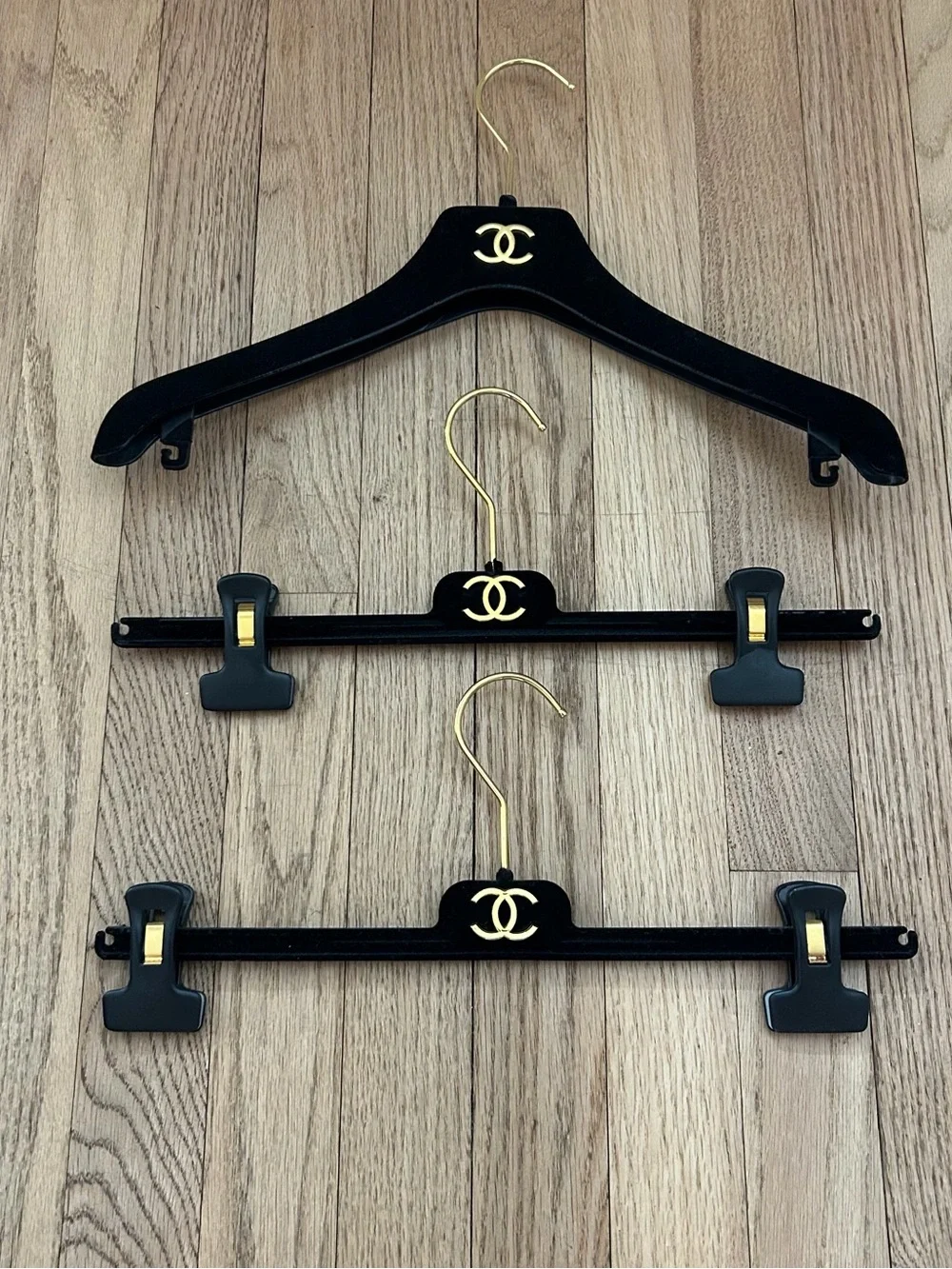 CHANEL Black and Gold Velvet Logo Hanger Trio